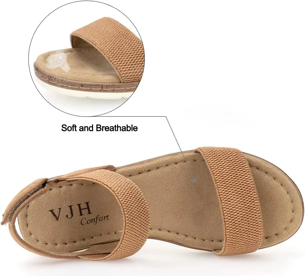 VJH confort Womens Flat Sandals Open Toe Elastic Ankle Strap Slip on Comfy Low Wedge Sandals