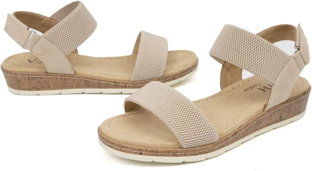 VJH confort Womens Flat Sandals Open Toe Elastic Ankle Strap Slip on Comfy Low Wedge Sandals