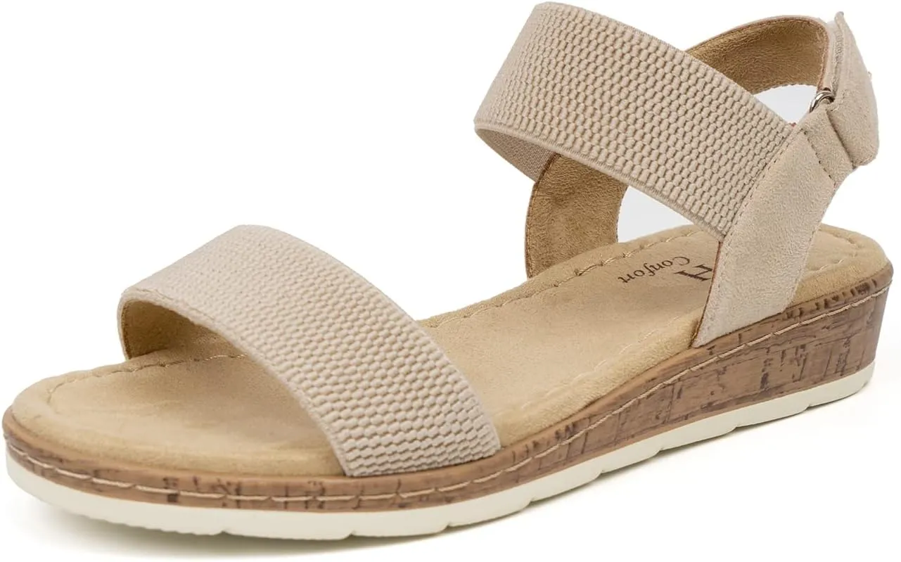 VJH confort Womens Flat Sandals Open Toe Elastic Ankle Strap Slip on Comfy Low Wedge Sandals