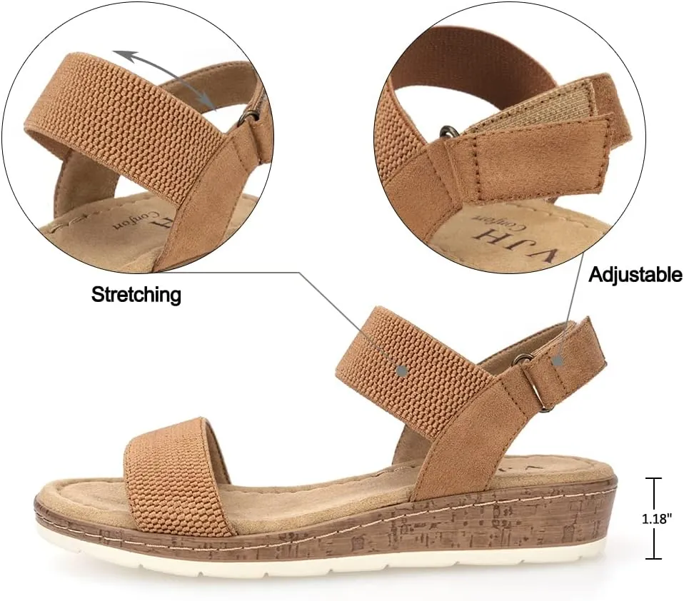 VJH confort Womens Flat Sandals Open Toe Elastic Ankle Strap Slip on Comfy Low Wedge Sandals