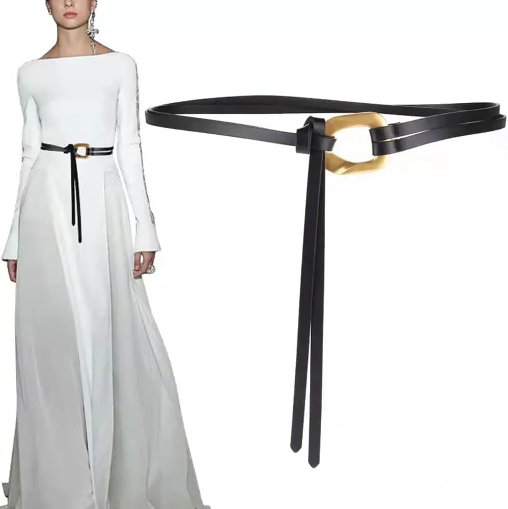 Women Genuine Leather Tie Belt Gold Buckle Double Strap Belts