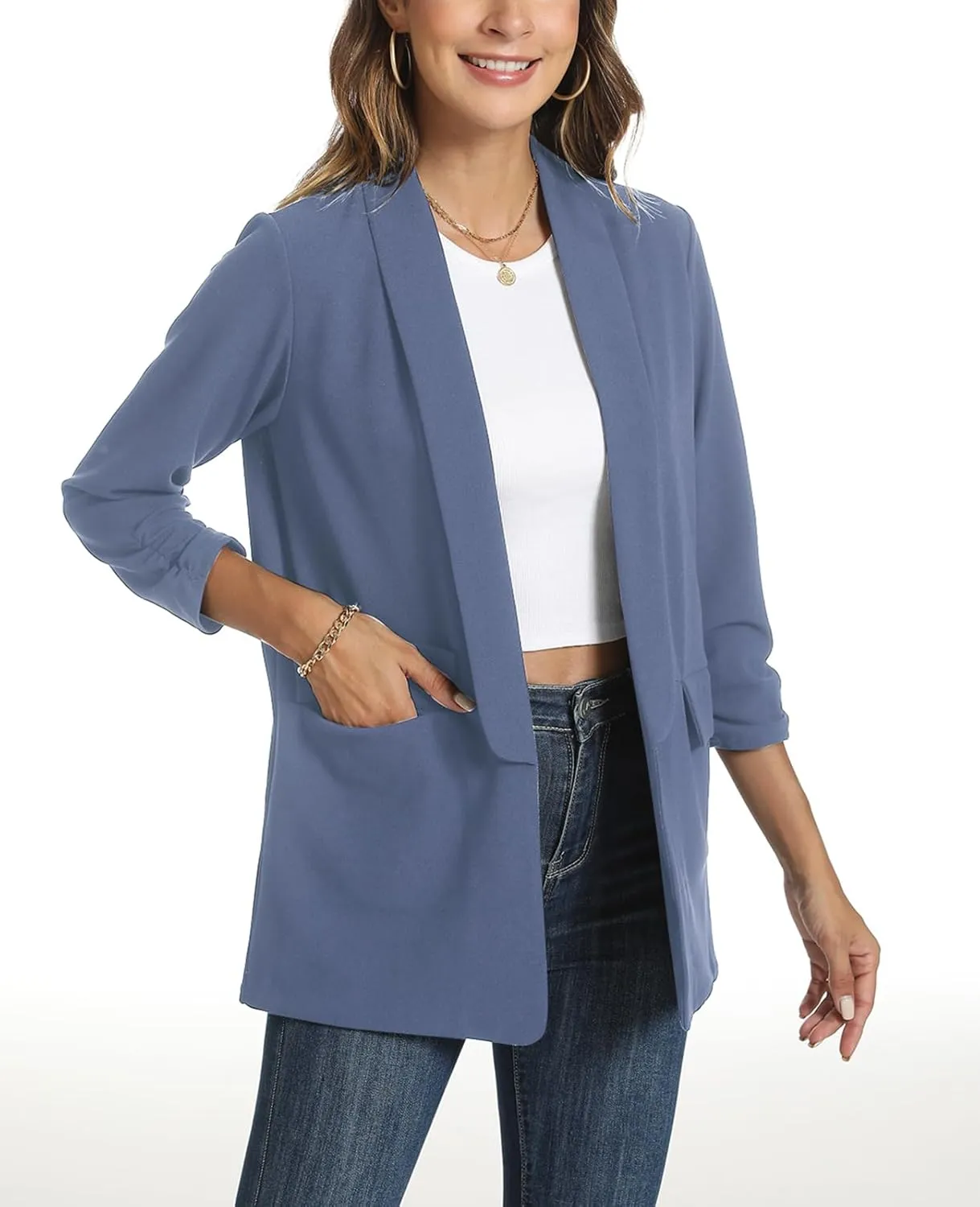 Womens Casual Blazer Ruched 3/4 Sleeve 2025 Shawl Lapel Office Lightweight Open Front Casual Jackets with Pockets