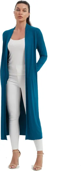 Women's Floor Length Drape Sweater Cardigan -Lightweight Long Sleeve Open Front Maxi Duster with Pockets