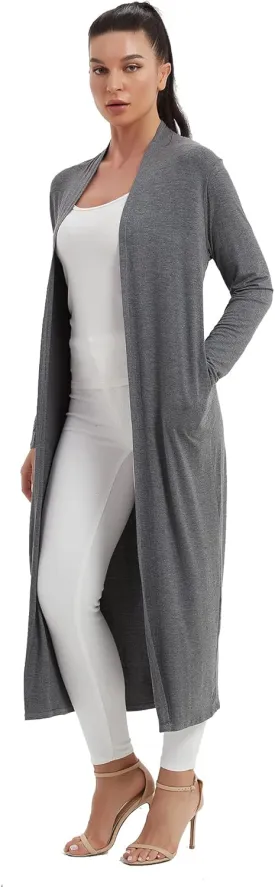 Women's Floor Length Drape Sweater Cardigan -Lightweight Long Sleeve Open Front Maxi Duster with Pockets