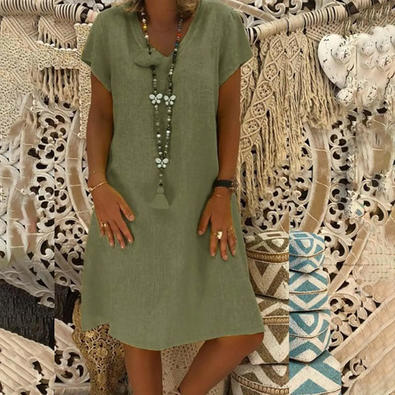 Womens Slim Dresses 2025 Ladies Summer Solid Cotton Linen Short Sleeve V-Neck Plus Size Mid-Calf Dress