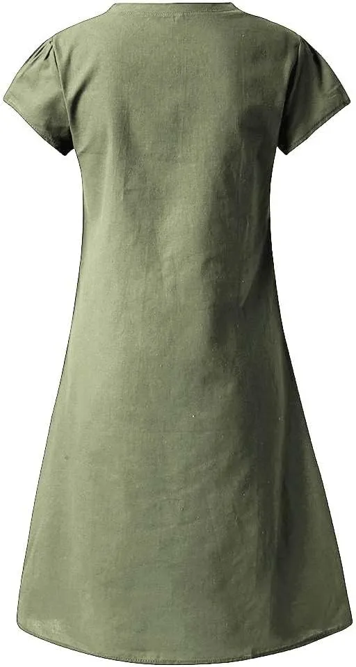 Womens Slim Dresses 2025 Ladies Summer Solid Cotton Linen Short Sleeve V-Neck Plus Size Mid-Calf Dress