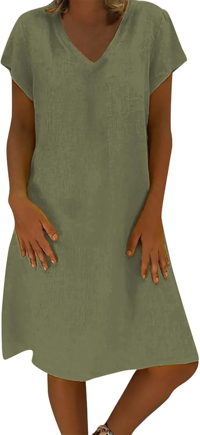 Womens Slim Dresses 2025 Ladies Summer Solid Cotton Linen Short Sleeve V-Neck Plus Size Mid-Calf Dress