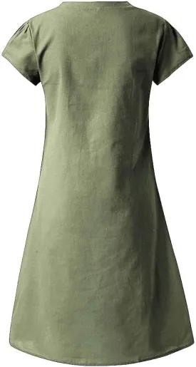Womens Slim Dresses 2025 Ladies Summer Solid Cotton Linen Short Sleeve V-Neck Plus Size Mid-Calf Dress