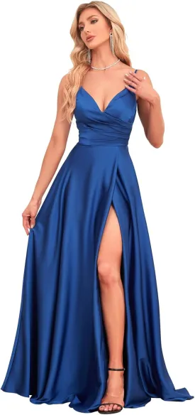 Women's V Neck Satin Bridesmaid Dresses 2025 Spaghetti Straps Prom Dresses A Line Formal Party Dress with Slit UU03