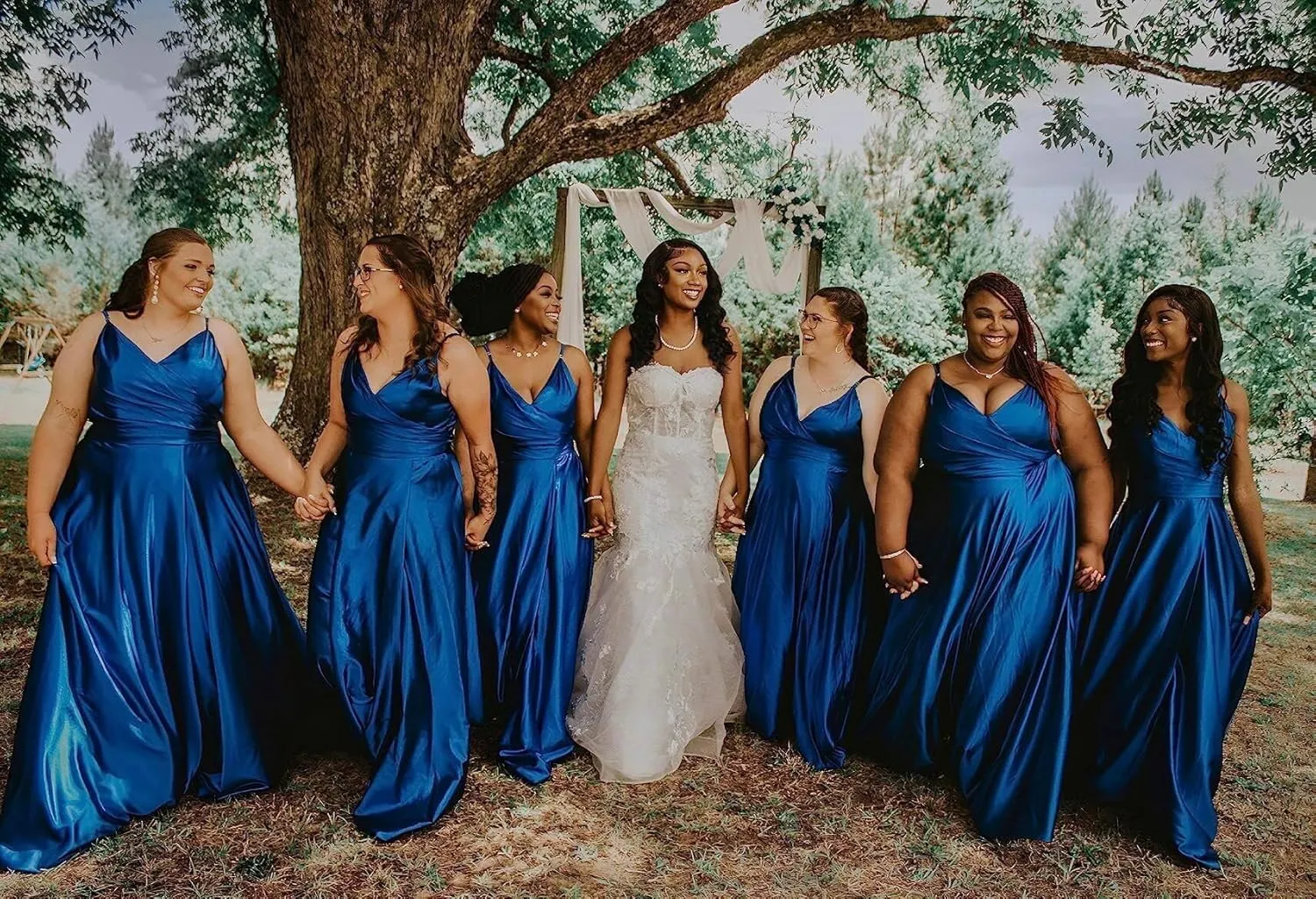 Women's V Neck Satin Bridesmaid Dresses 2025 Spaghetti Straps Prom Dresses A Line Formal Party Dress with Slit UU03