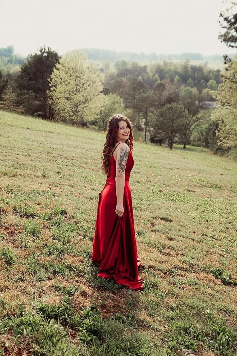 Women's V Neck Satin Bridesmaid Dresses 2025 Spaghetti Straps Prom Dresses A Line Formal Party Dress with Slit UU03