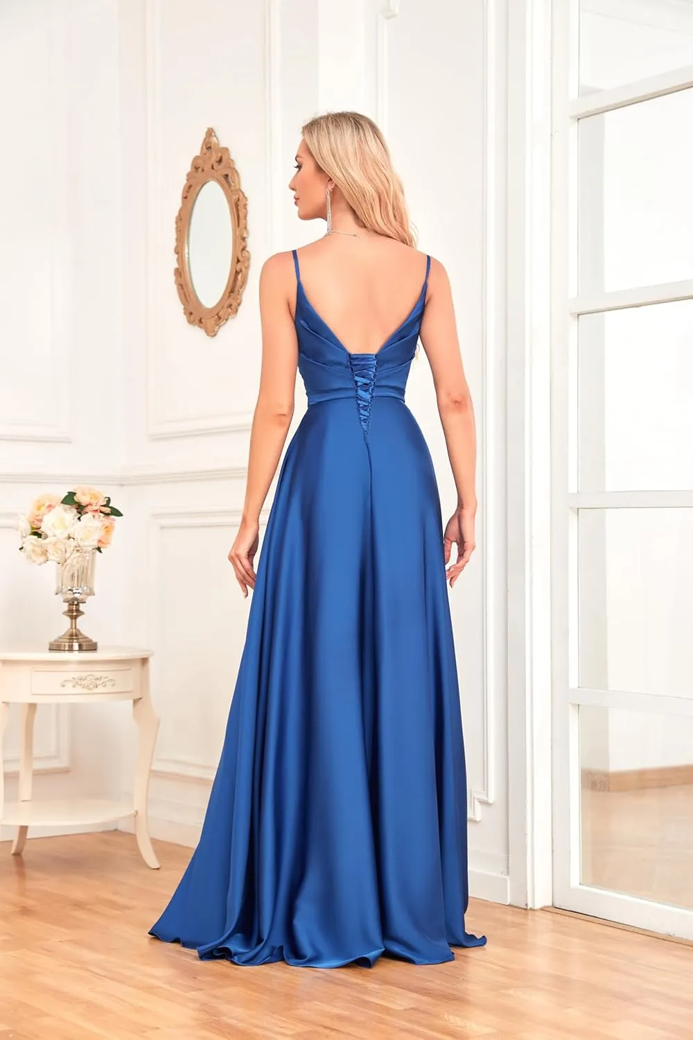 Women's V Neck Satin Bridesmaid Dresses 2025 Spaghetti Straps Prom Dresses A Line Formal Party Dress with Slit UU03